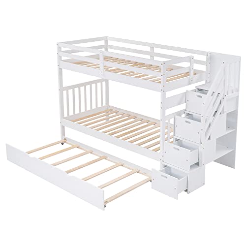 Ball & Cast Twin-Over-Twin Bunk Bed with Twin-Size Trundle and 3 Storage Stairs,Wood Bunkbed w/Full-Length Guardrails,Slat Support
