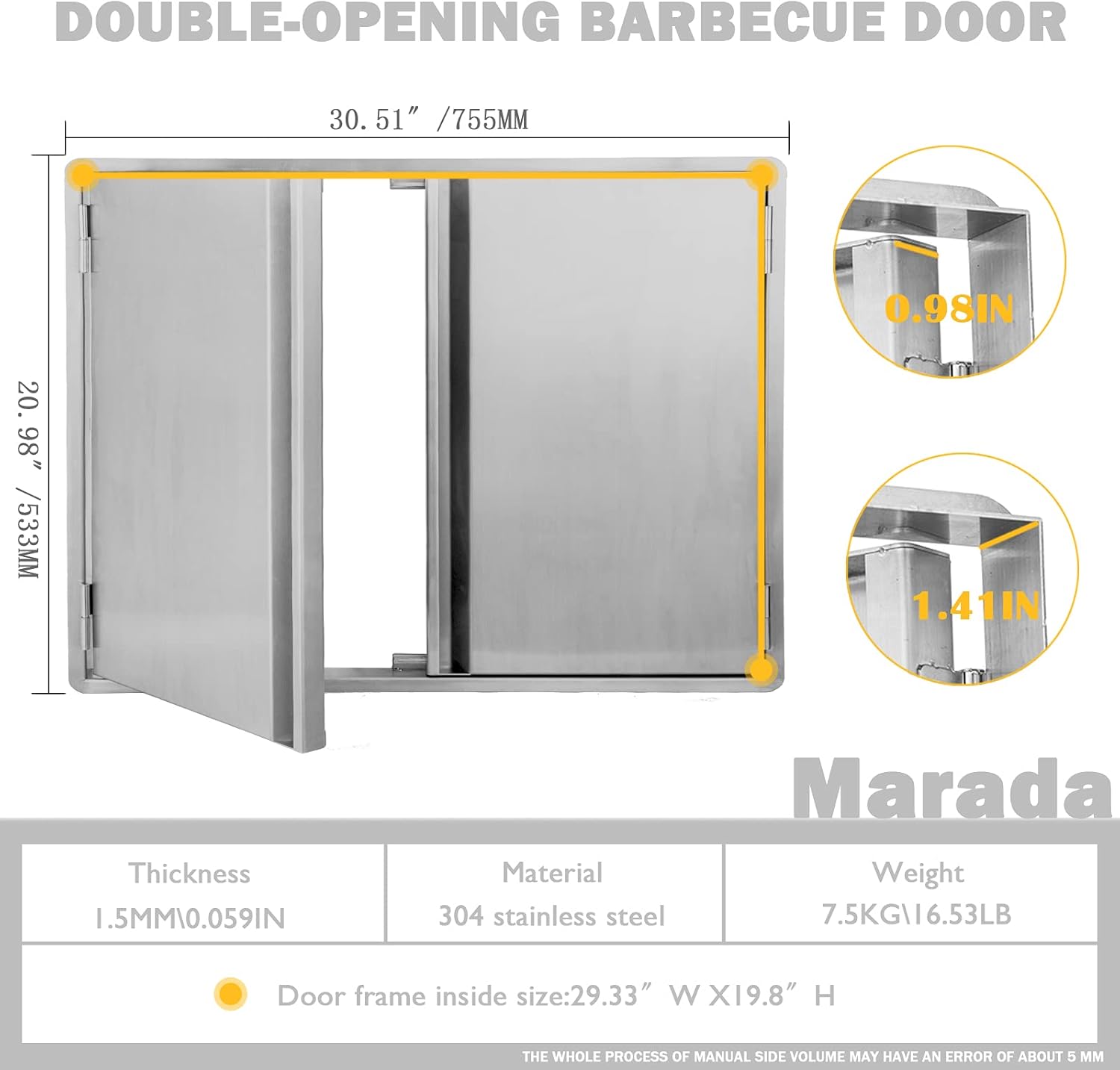 Marada BBQ Access Door Outdoor Kitchen 304 Brushed Stainless Steel Doors for Outdoor Kitchen, Outdoor Cabinet