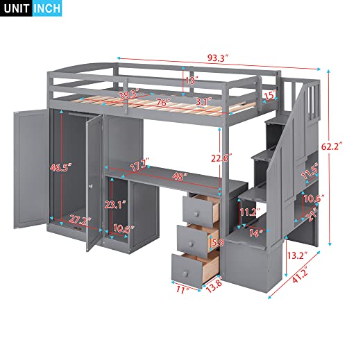 Harper & Bright Designs Twin Size Loft Bed with Desk and Stairs, Solid Wood Loft Bed Frame with Storage and Slat Support