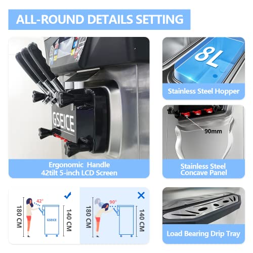 GSEICE Commercial Ice Cream Maker Machine, 2+1 Flavors Soft Serve Machine w/Two Hoppers Cylinders Puffing Pre-Cooling & Frequency Conversion