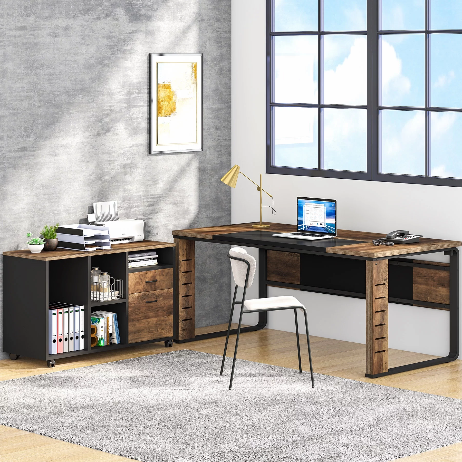 Tribesigns 59 inch Large L-Shaped Computer Desk, Executive Office Desk with File Cabinet, Brown