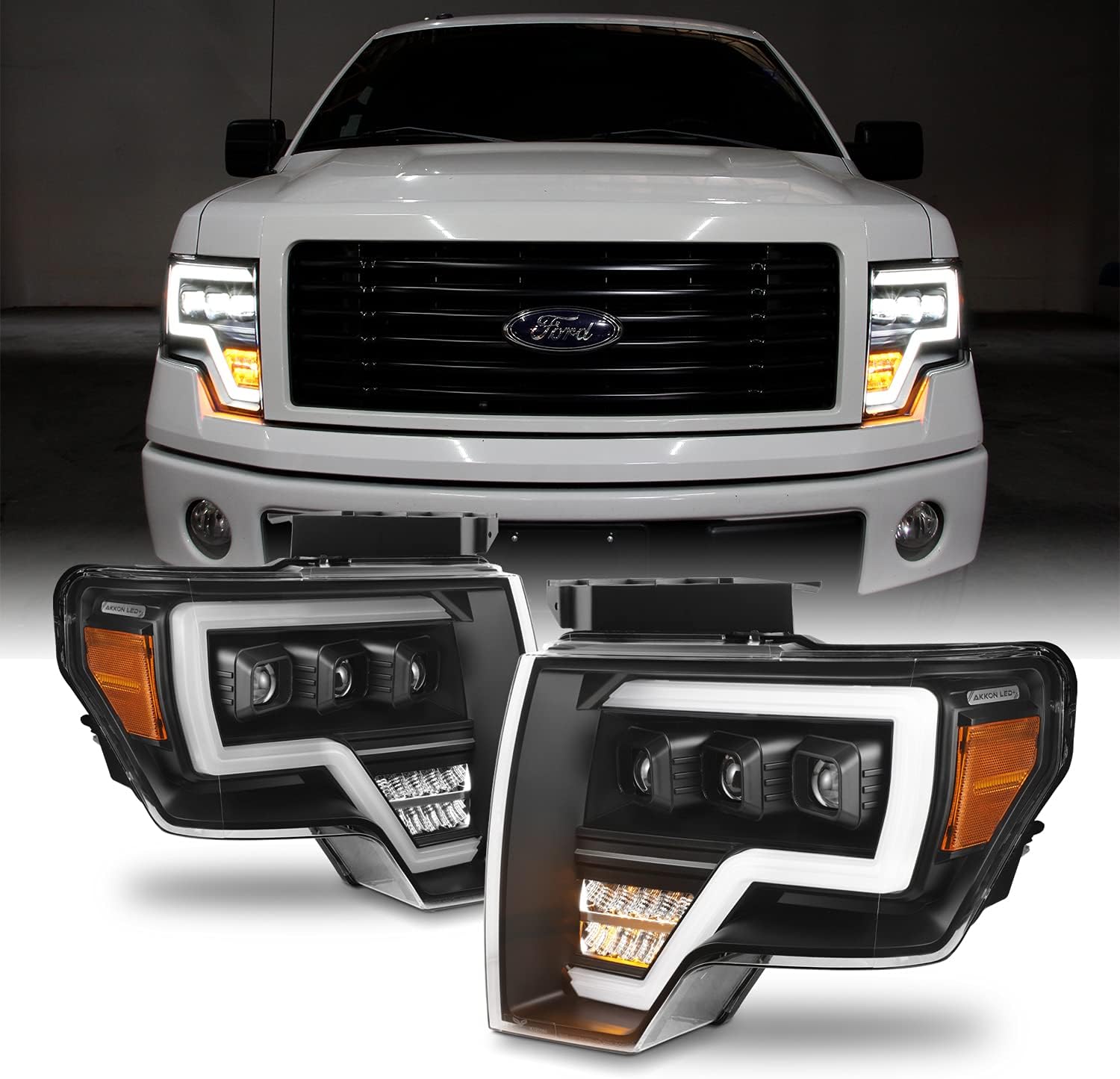 AKKON - Fits 2009-2014 Ford F150 Pickup Truck [Full LED] Projector Beam Black Headlights Pair Driver Left + Passenger Right