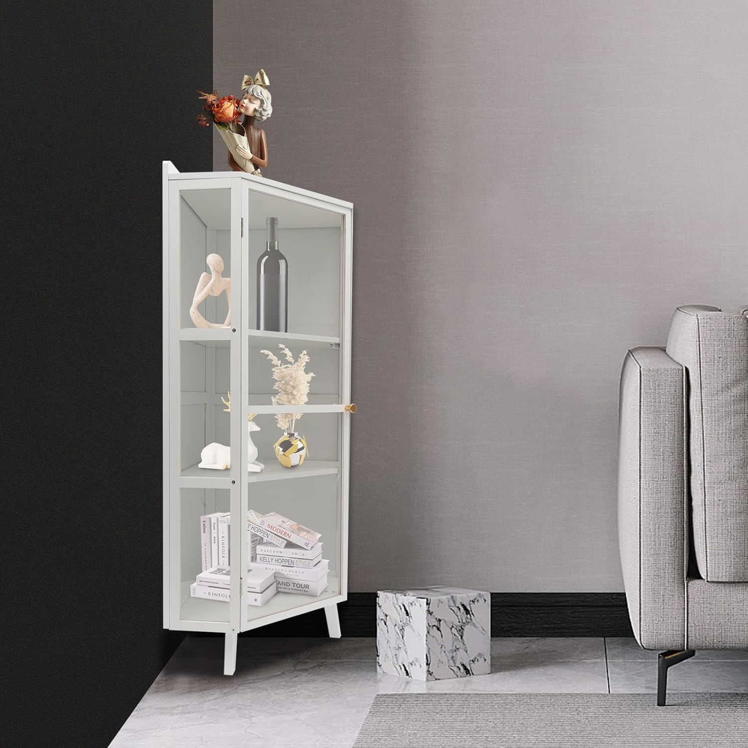 Tall Corner Storage Cabinet Modern Freestanding Corner Shelves Farmhouse 3-Tier Corner Bookshelf Stand Storage Rack with Clear Door Home Space Saver