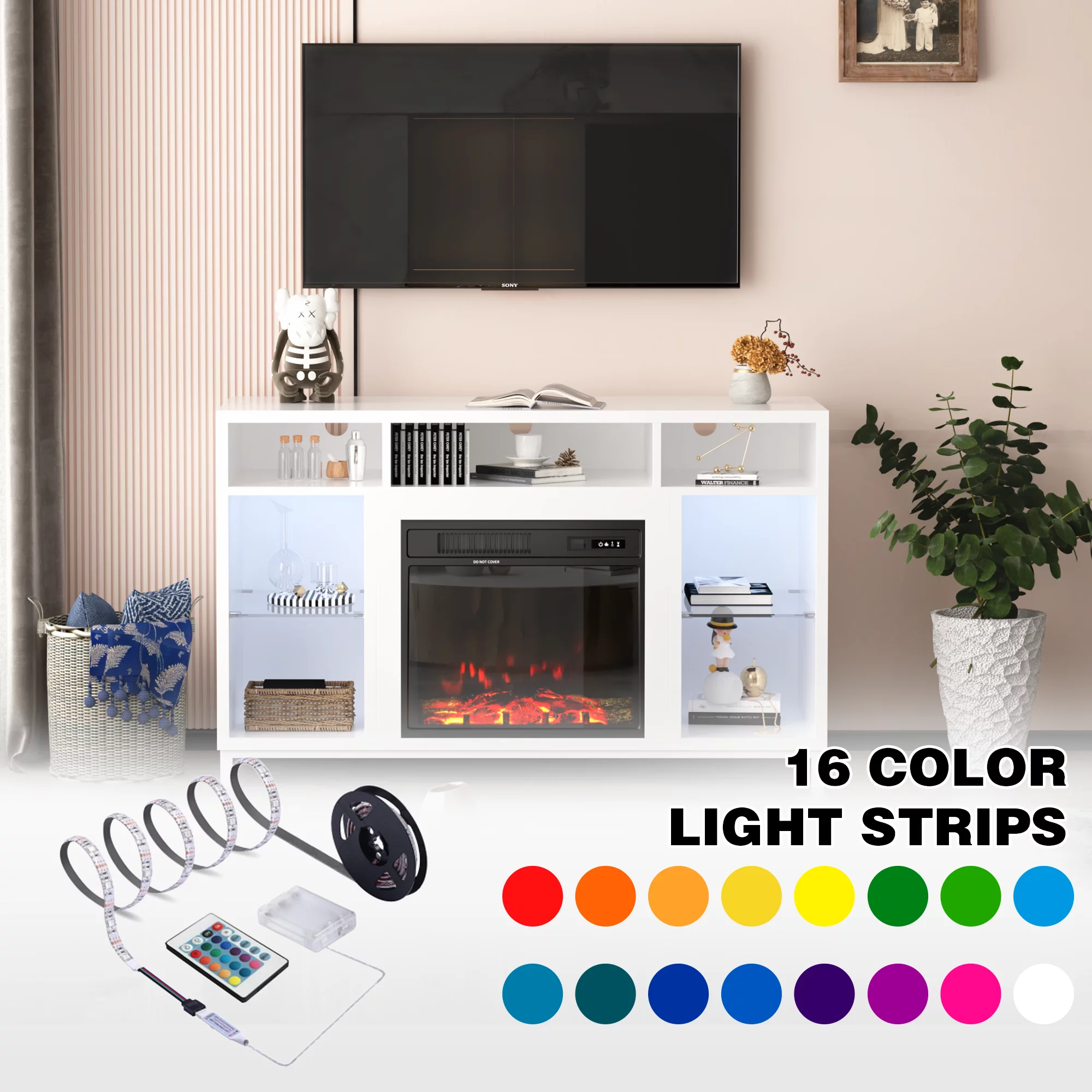 Fireplace TV Stand with 18" Electric Fireplace, Entertainment Center with Adjustable Glass Shelves, TV Console for TVs up to 47"