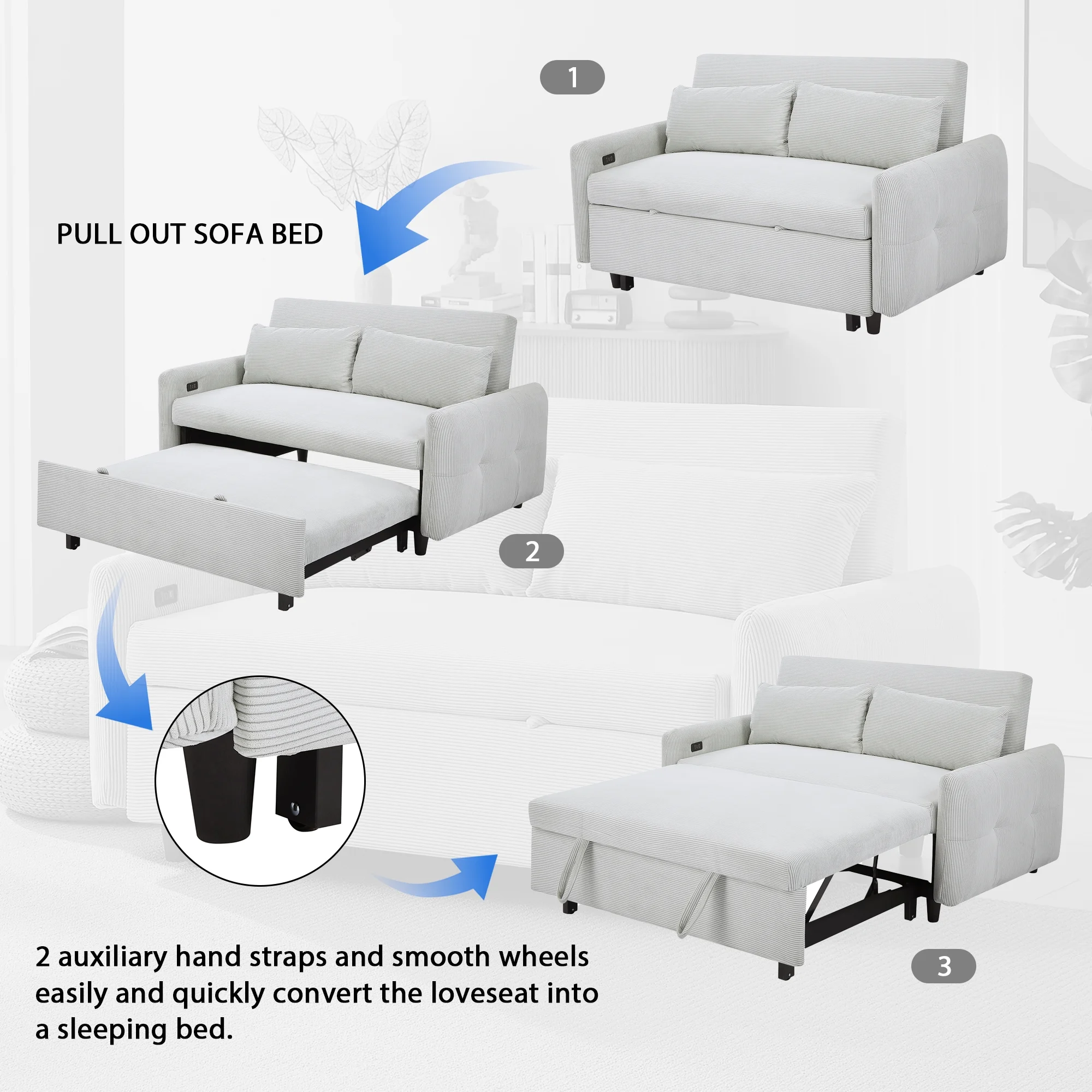 EUROCO 57.48" 3-in-1 Pull-out Convertible Sofa Bed Foldable Sleeper Corduroy Sofa Fabric Loveseat with 2 Throw Pillows