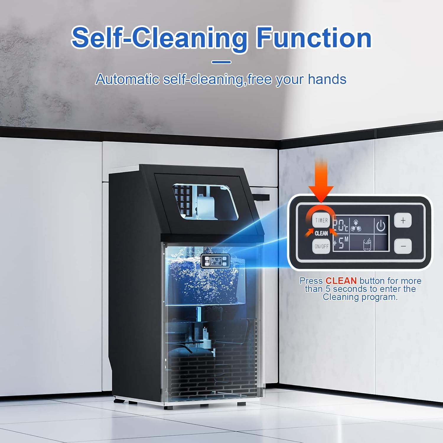 Kismile Commercial Ice Maker Machine,100Lbs/Day,45 Cubes/Batch in 11-20 Mins,Stainless Steel Freestanding Ice Maker with 2 Self-Cleaning