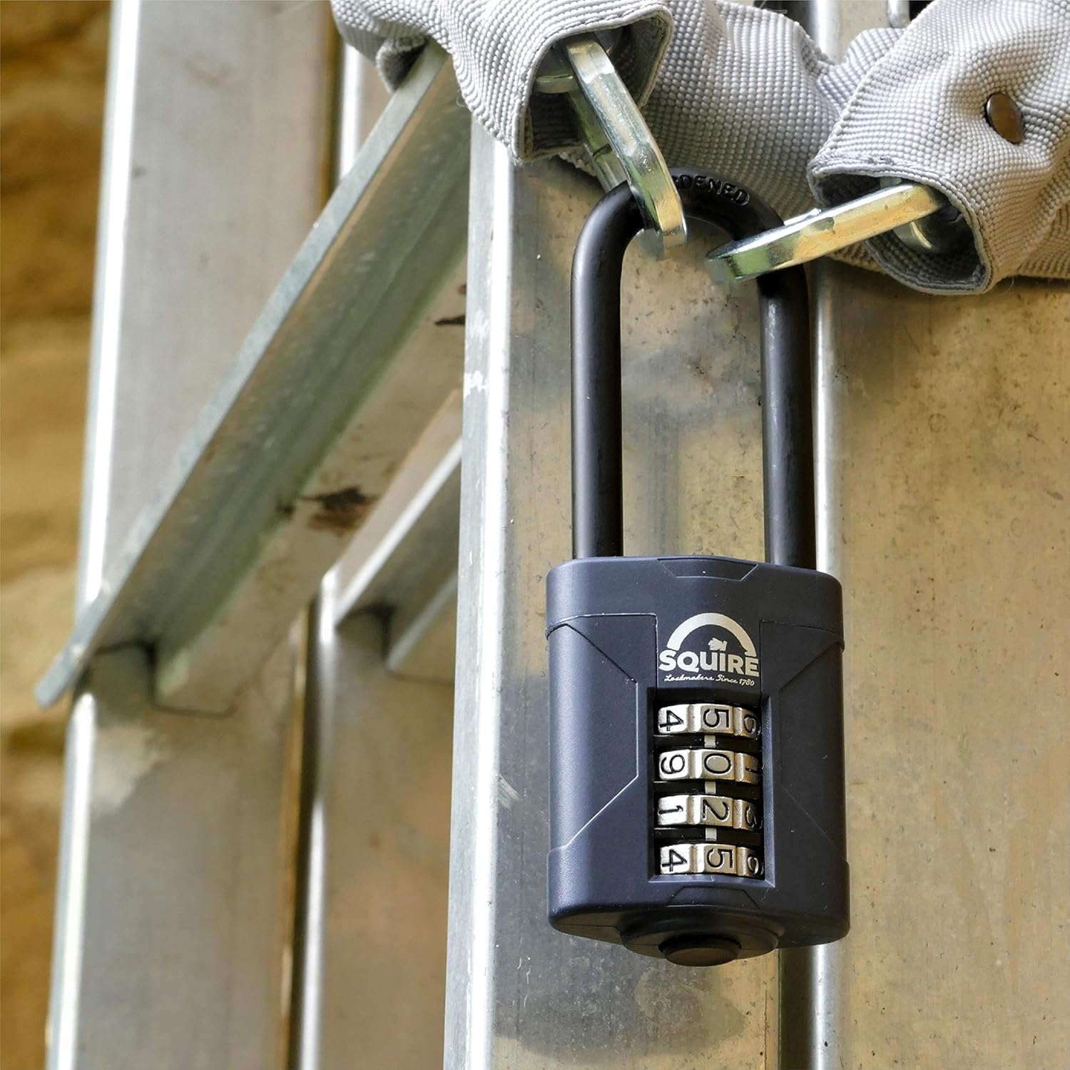 Squire Heavy Duty Padlock (CP50/2.5) - Toughest Extra Long Shackle - 4 Wheel Combination Padlock - Alloy Steel for Corrosion Resistance