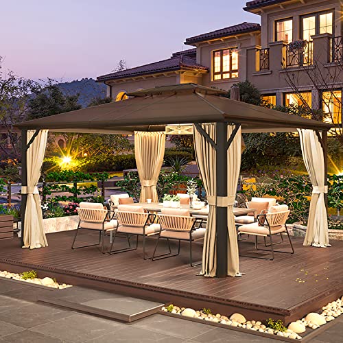 MELLCOM 10'x13' Hardtop Gazebo with Polycarbonate Double Roof, Aluminum Frame Outdoor Gazebo Permanent Pavilion with Curtains and Netting for Patio