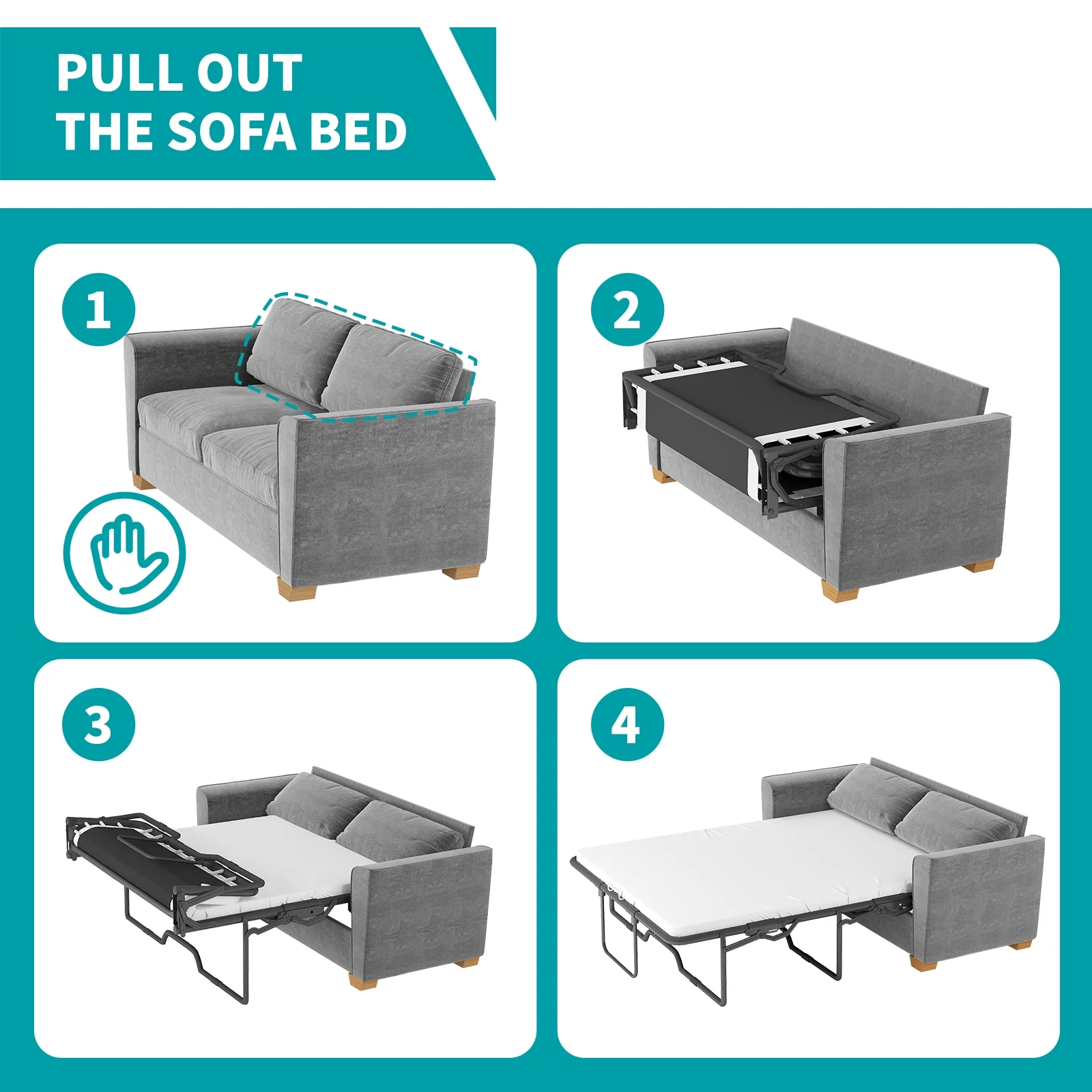 MUZZ Full Size Pull Out Sofa Bed, Velvet Sofa Couvh with Pull Out Bed, Sleeper Sofa Couch with Foam Mattress