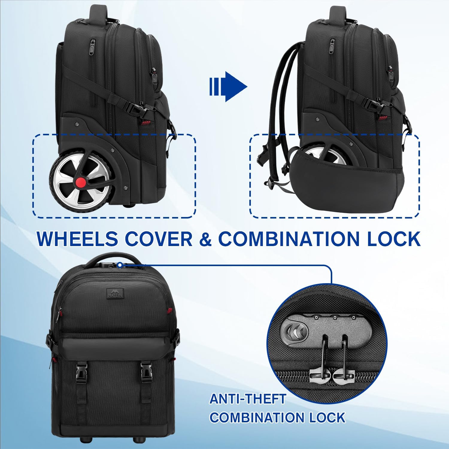 MATEIN Rolling Backpack for Adults with Wheels, 17 Inch Large Wheeled Backpack with USB Charging Port & Combination Lock