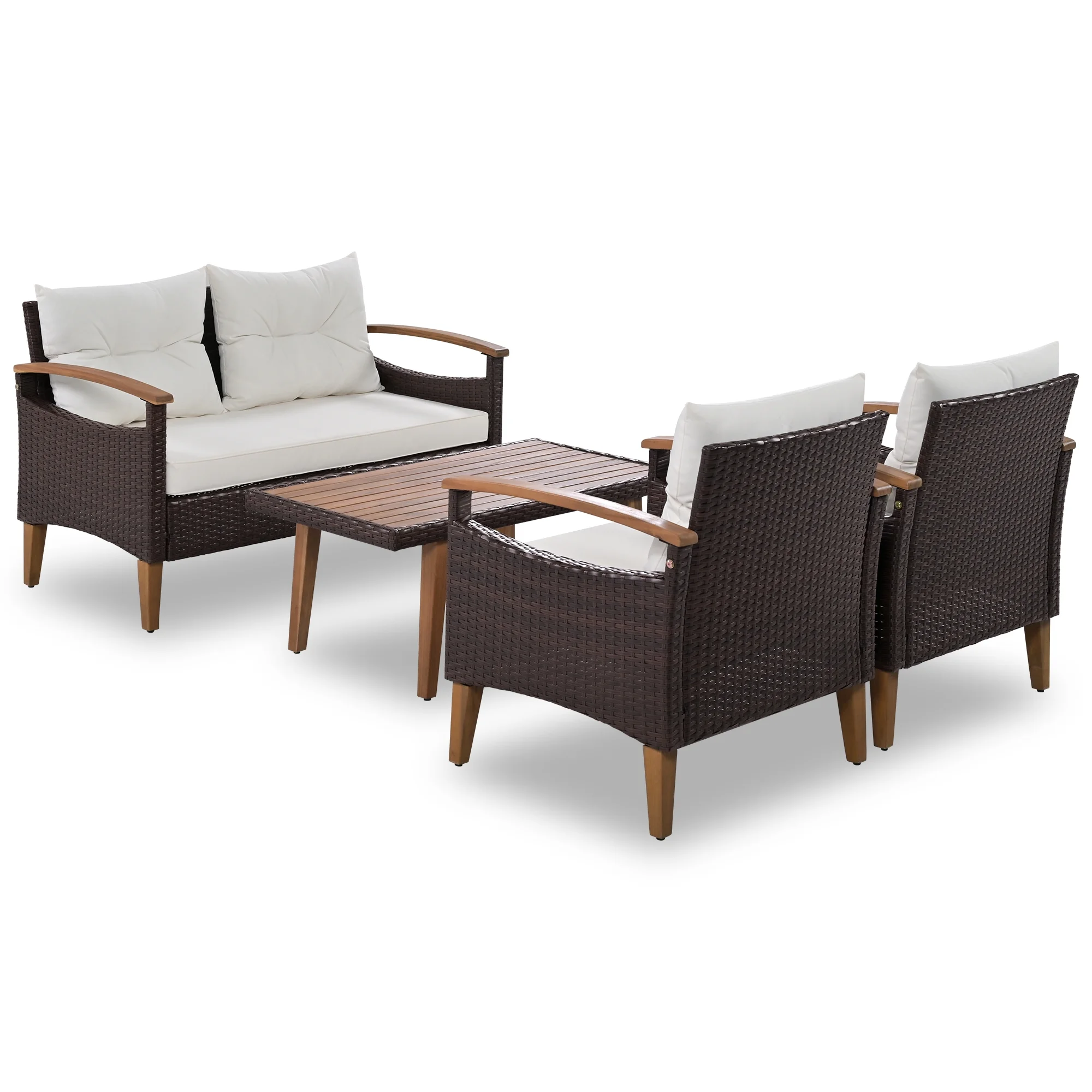 Churanty Patio Conversation Set, 4-Piece Outdoor Garden Furniture Set, Patio Seating Set, PE Rattan Outdoor Sofa Set, Wood Table and Legs