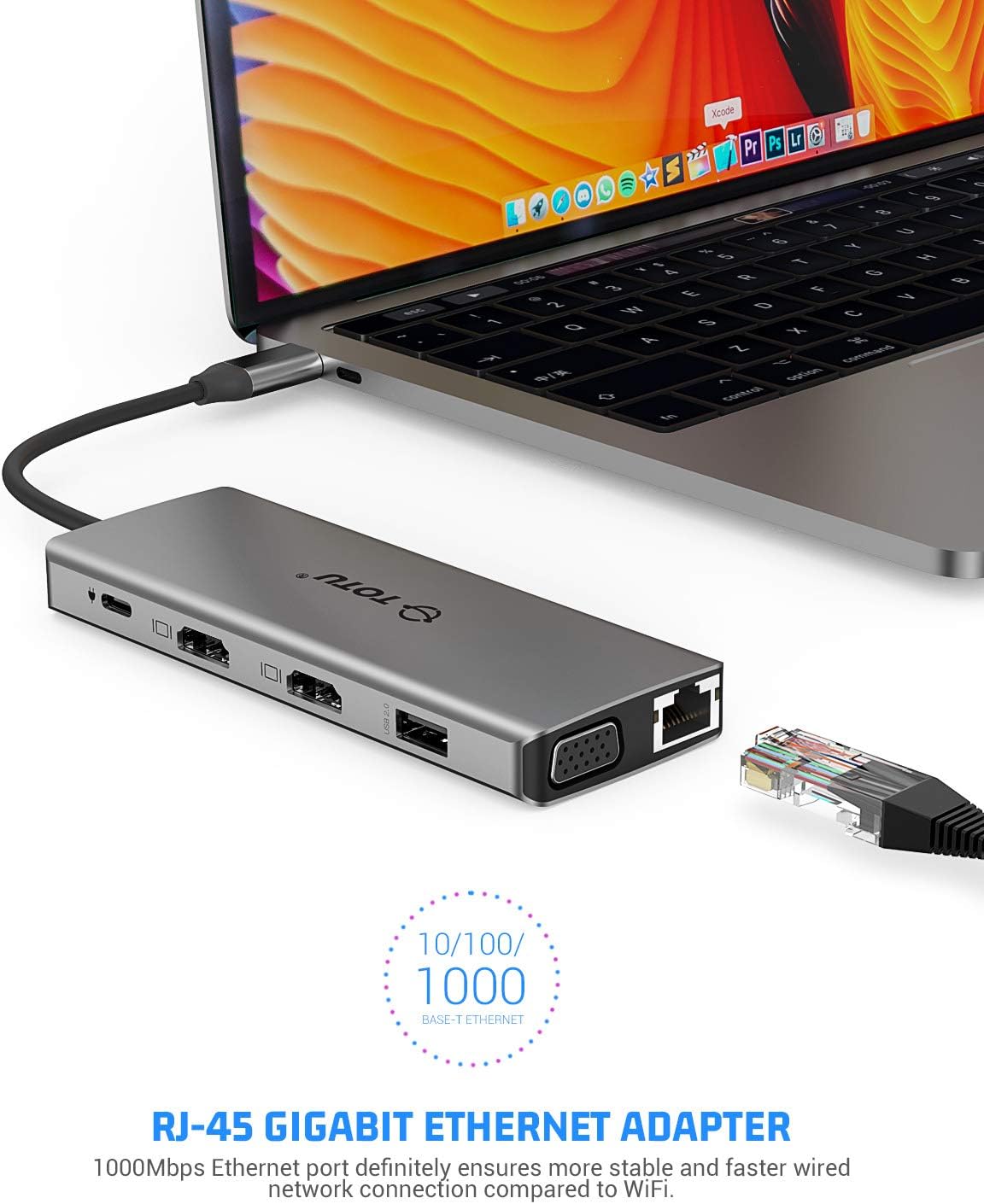 USB C Hub, TOTU 13-in-1 Type C Hub with Ethernet, 4K USB C to 2 HDMI, VGA, 2 USB 3.0, 2 USB 2.0, 100W PD, SD/TF Cards Reader