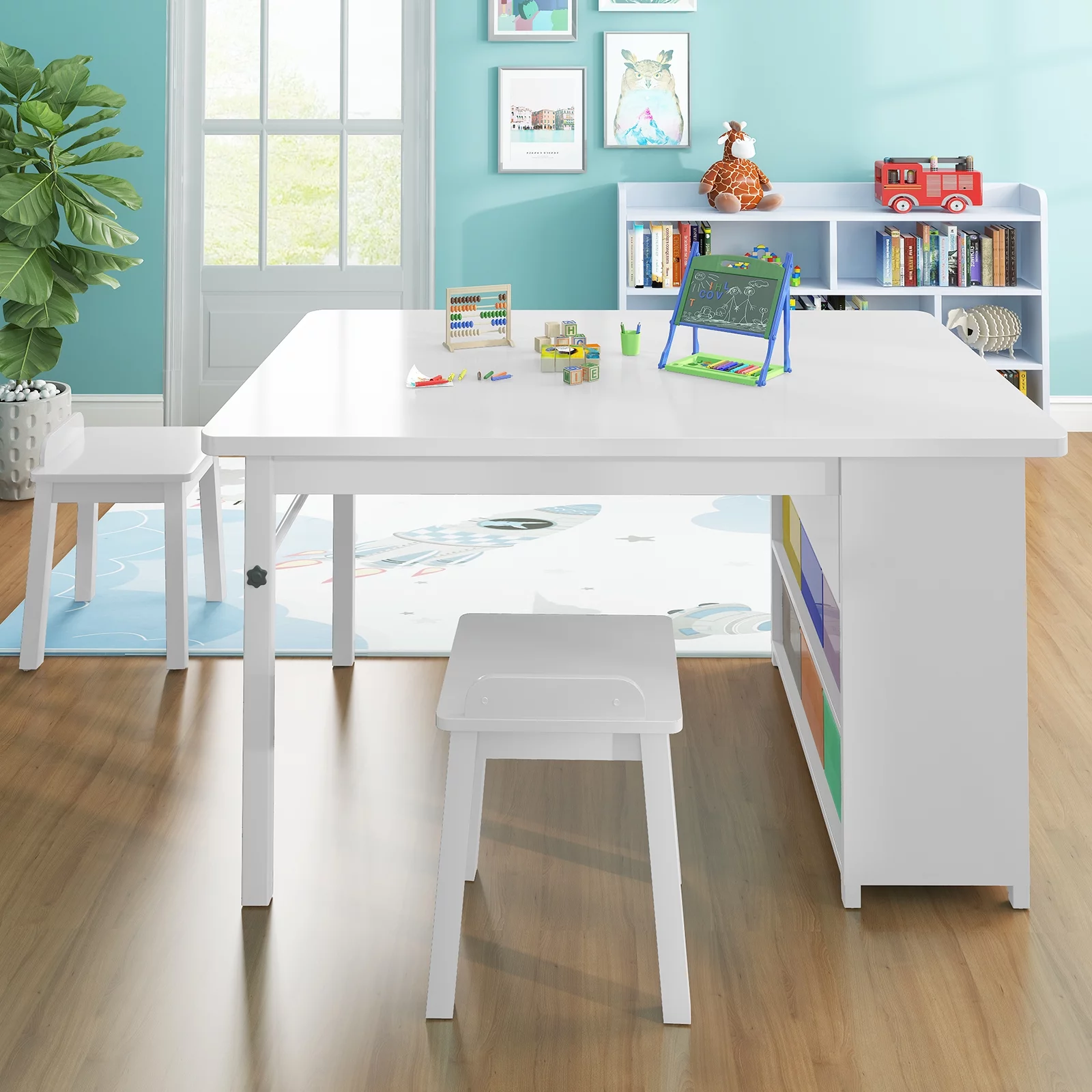 BALUS Modern Kids' Art Table and Stools Set (White), Wooden Drawing and Painting Desk with Paper Roller and Removable Craft Supplies Storage Bins