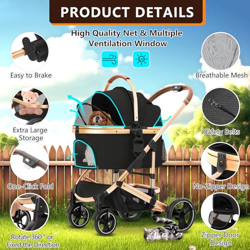 Pet Stroller 3 in 1 Folding Lightweight Dog Stroller with Detachable Carrier & Storage Basket, Premium 4 Wheels Travel for Puppies, Doggies