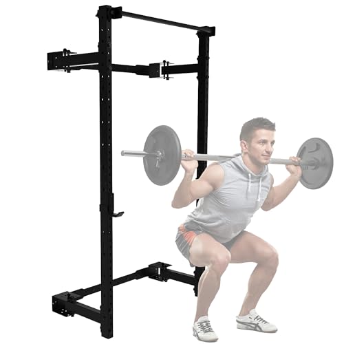 PRx Performance Wall Mounted Folding Power Squat Rack - Heavy Duty Adjustable Pull Up Bar, Space Saving Home Gym Equipment with Durable J-Cups