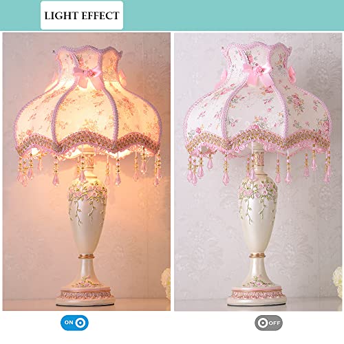 Lovely Table Lamp with Fabric Lampshade, Antique Flower Decorative Bedside Desk Lamp, Handmade Night Light for Bedroom Nightstand