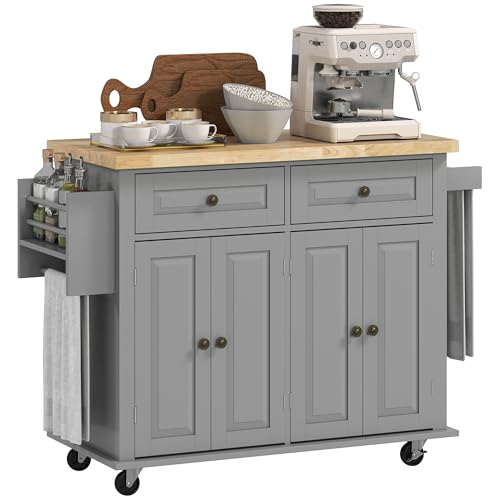 HOMCOM Kitchen Island on Wheels, Rolling Cart with Rubberwood Top, Spice Rack, Towel Rack and Drawers for Dining Room, Navy Blue