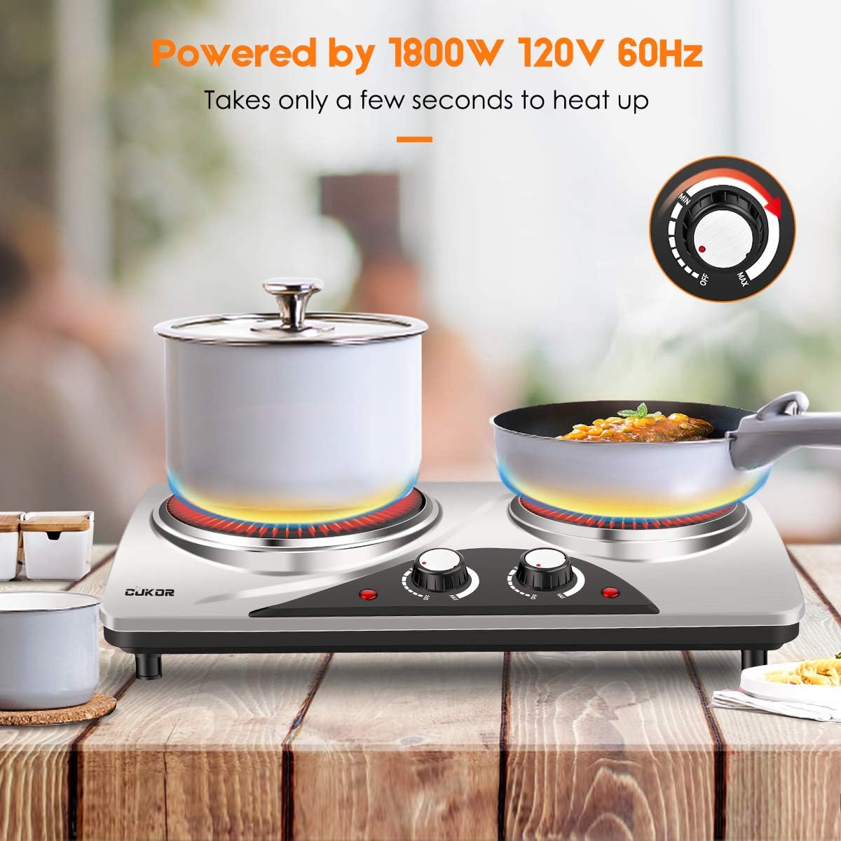 CUKOR Electric Hot Plate, 1800W Portable Electric Stove,Infrared Double Burner,Heat-up In Seconds