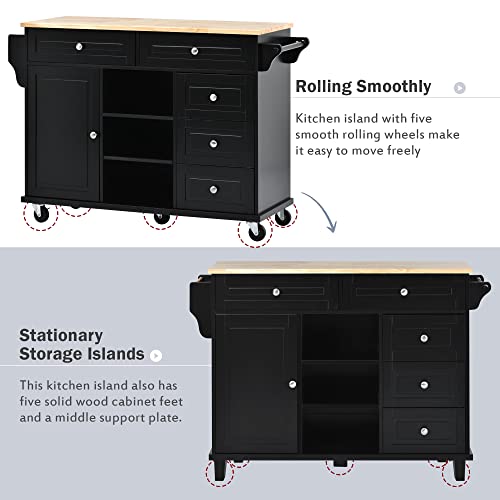 53.5''Farmhouse Kitchen Island with Power Outlet, Kitchen Storage Island with Drop Leaf, Spice Rack and Drawer, Rolling Kitchen Cart on Wheels