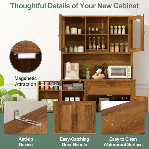 Shintenchi Kitchen Pantry Storage Cabinet, Freestanding Buffet Cabinet with Microwave Stand & 4 Door Shelves, Kitchen Hutch with Doors