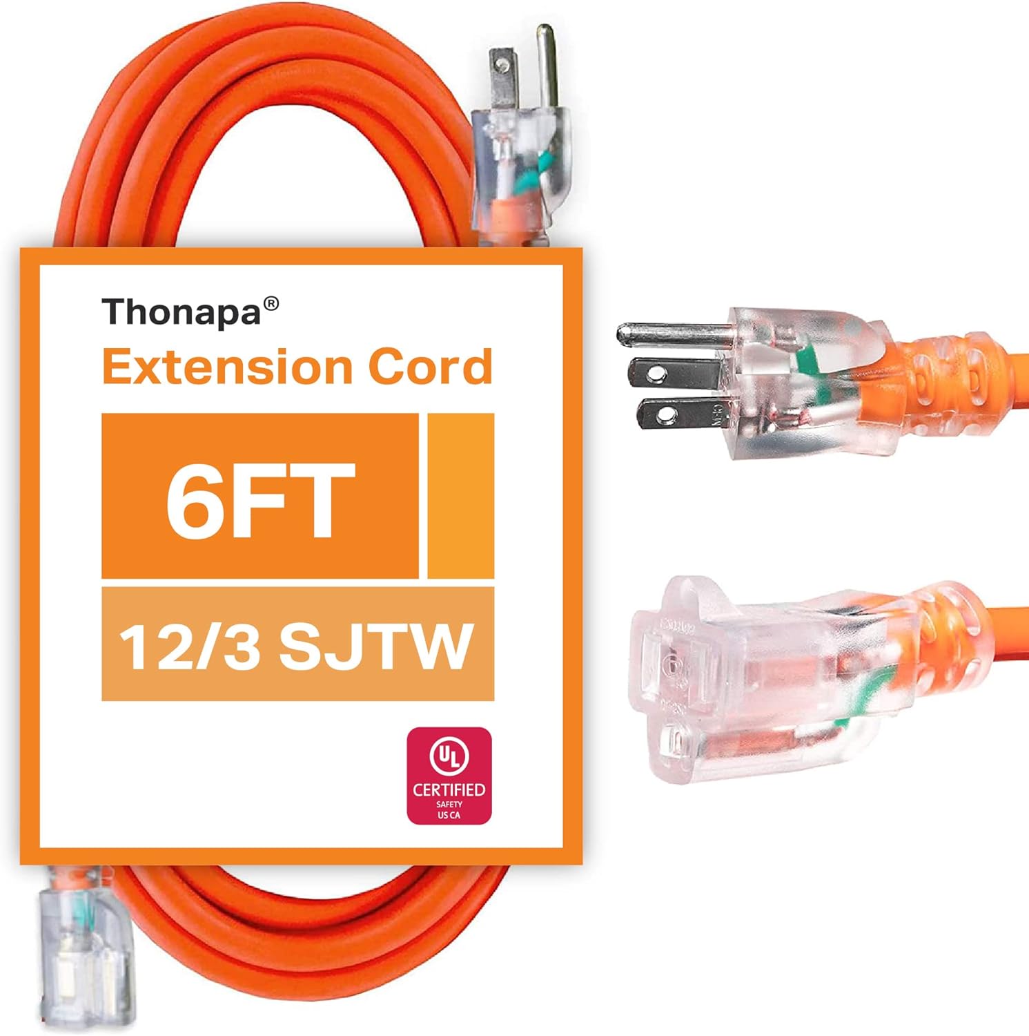 Thonapa 12/3 Heavy Duty Lighted Outdoor Extension Cord - Yellow Cable with 3 Prong Grounded Plug for Safety (25 Ft - SJTW)