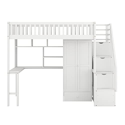 Twin Loft Bed with Staircase, Desk and Wardrobe, Wood Loft Bed with Storage Shelves and Safety Guardrail