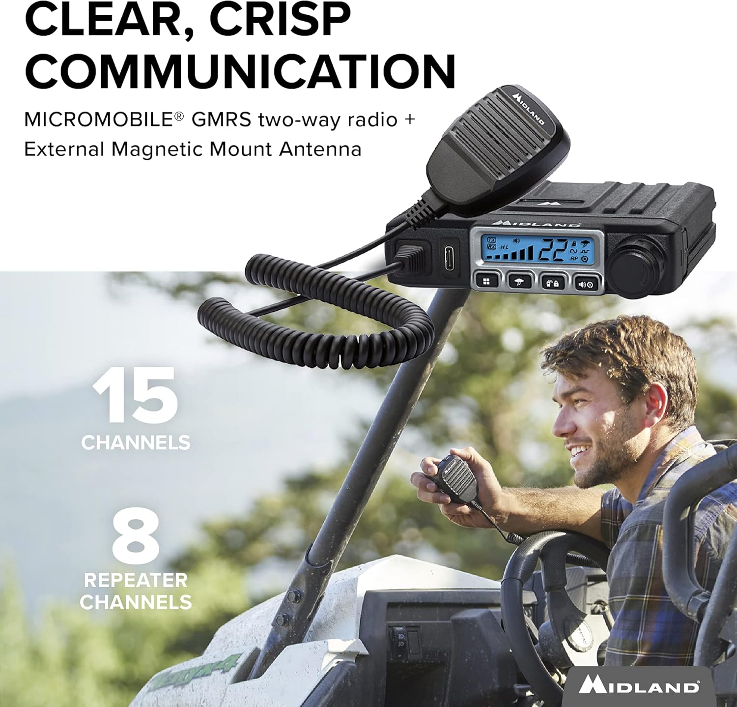 Midland - MXT115, 15 Watt GMRS MicroMobile Two-Way Radio - 8 Repeater Channels, 142 Privacy Codes
