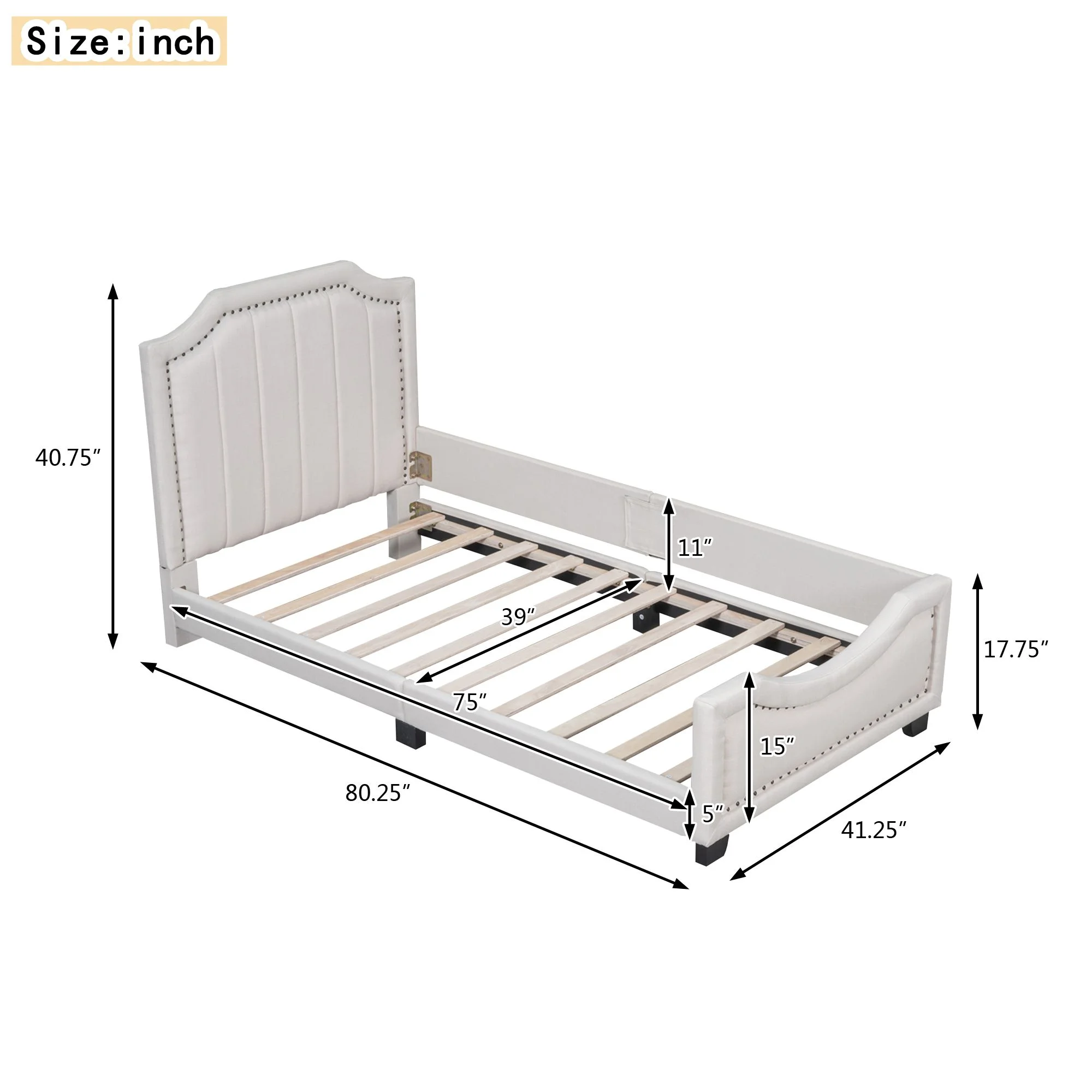 Twin Storage Upholstered Platform Bed Mattress Foundation with Nailhead Trim Decoration and Guardrail