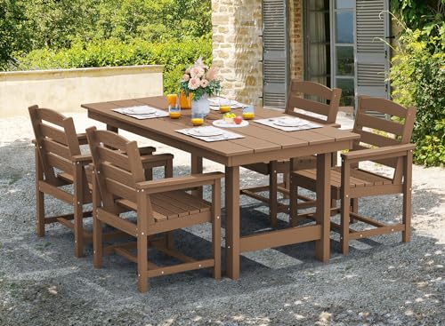 SERWALL Outdoor HDPE Dining Table Set, 7-Piece Outdoor Dining Table Sets with Umbrella Hole Cut-Out Table and 6 Chairs, Gray