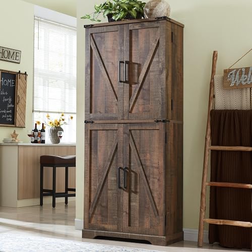 72" Tall Kitchen Pantry, Farmhouse Storage Cabinet with Barn Doors, Organizer, Drawer and Adjustable Shelves, Rustic Wood Cupboard for Kitchen