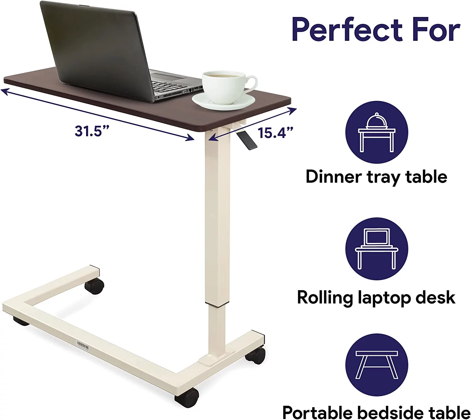 Medacure Adjustable Overbed Table with Wheels - 50 Lb Weight Capacity