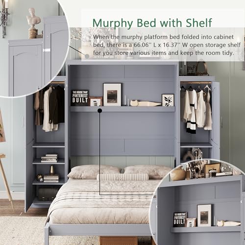 Polib Full Size Murphy Bed with Two Wardrobes and Storage Shelf, Space-Saving Wall Cabinet Bed with Foldable Platform Bedframe for Small Bedrooms
