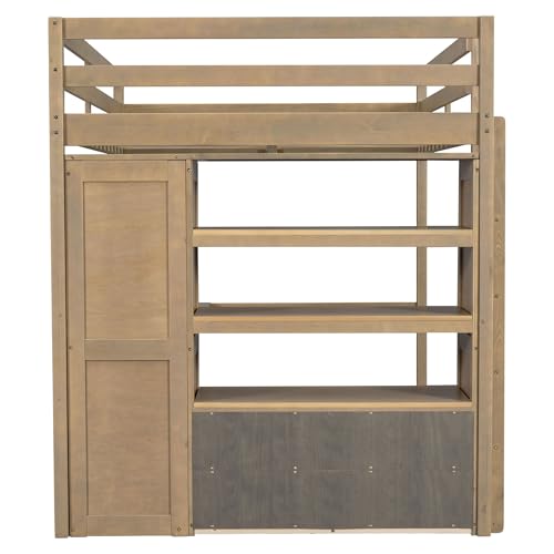 Harper & Bright Designs Full Size Loft Bed with Desk, Storage Shelves and Drawers, Solid Wood Loft Bed Frame with Built-in Wardrobe, Walnut