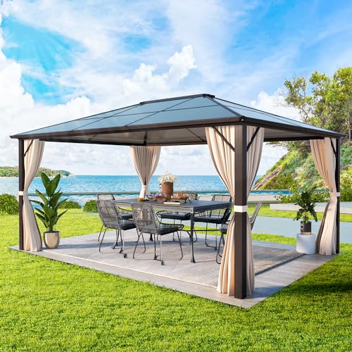 YOLENY 10'x13' Hardtop Gazebo, Outdoor Polycarbonate Double Roof Canopy, Aluminum Frame Permanent Pavilion with Curtains and Netting