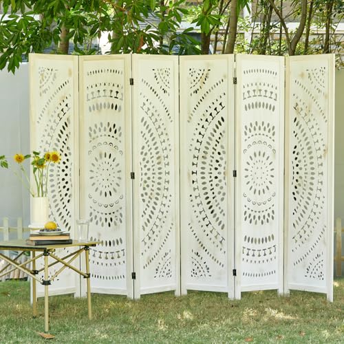 66.9Inch Folding Room Divider, 6 Panels Wood Carved Privacy Screens