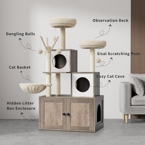 57.5-Inch Cat Tree with Litter Box Enclosure 2-in-1 Modern Cat Tower with Cat Condo/Hammock/Scratching Post/Plush Perch/Removable Pompom Sticks/Caves