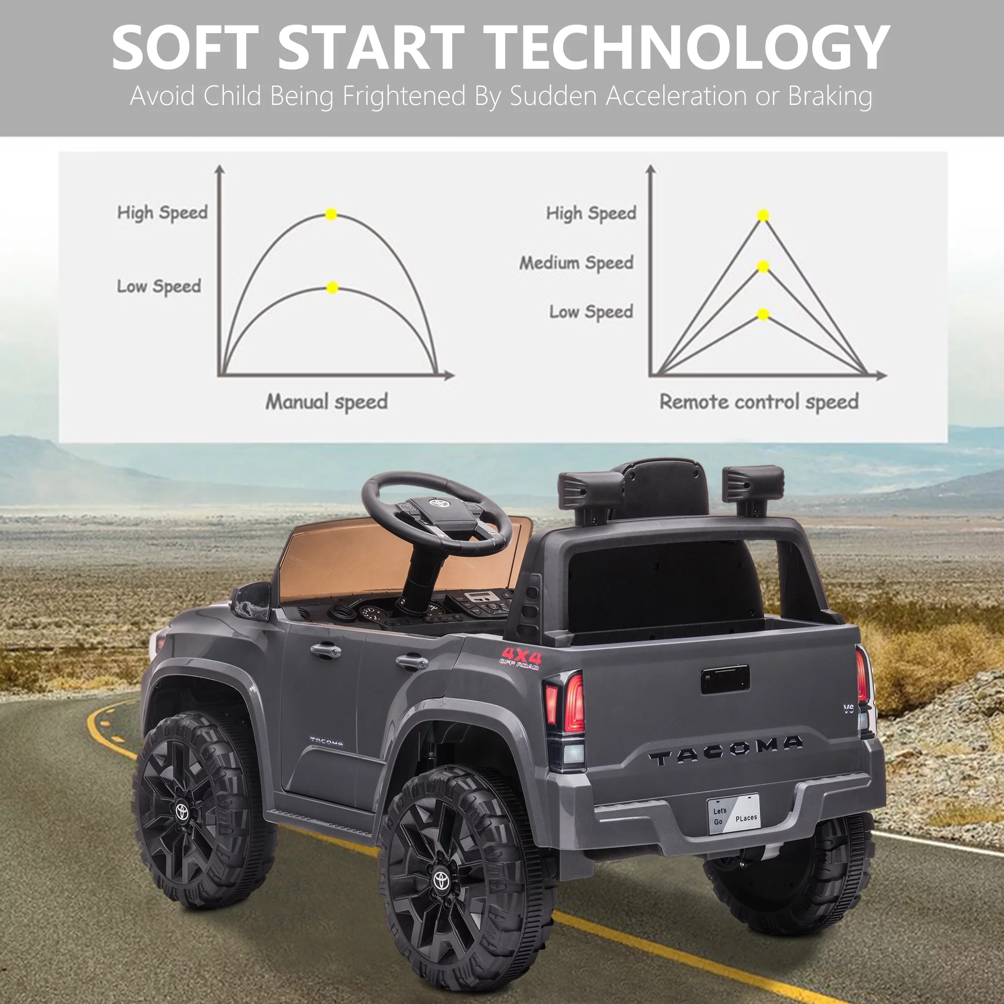 Licensed Toyota Tacoma Electric Ride on Vehicle for Kids, 12V Powered Ride on Car Toys with Remote Control, LED Lights, MP3 Player, Gray