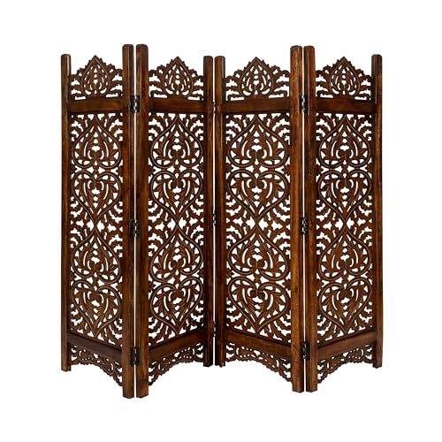 Lightnpro Wooden Room Divider - Handmade Foldable Partition Screen with Intricate Oval Carved Design Hinged