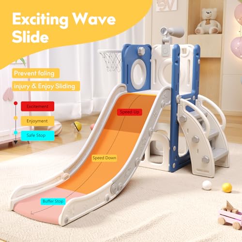 6 in 1 Toddler Playset with Slide, Kids Slide with Basketball Hoop, Ball, Ring Toss, Indoor Outdoor Toys (White Grey)