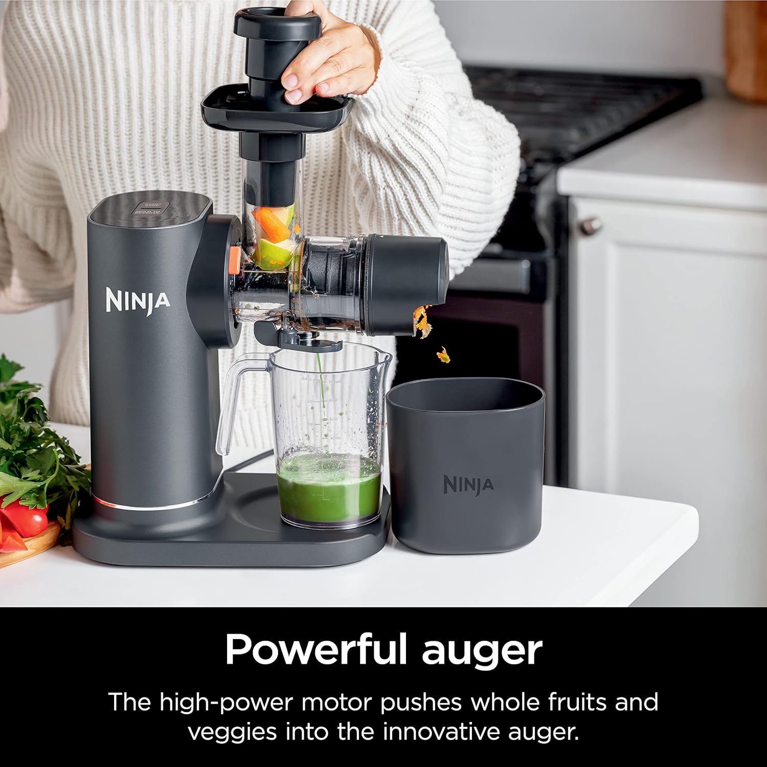 Ninja JC151 NeverClog Cold Press Juicer, Powerful Slow Juicer with Total Pulp Control, Countertop, Electric, 2 Pulp Functions, Dishwasher Safe