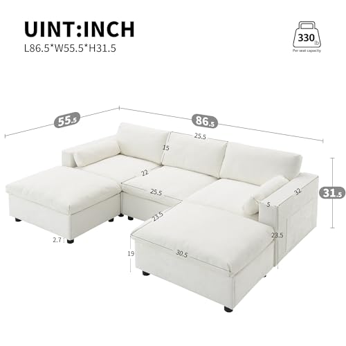 Merax 86.5" Sectional Sofa with Storage Pockets & Removable Ottomans, 5 Seat U Shaped Sleeper Cloud Couch Set