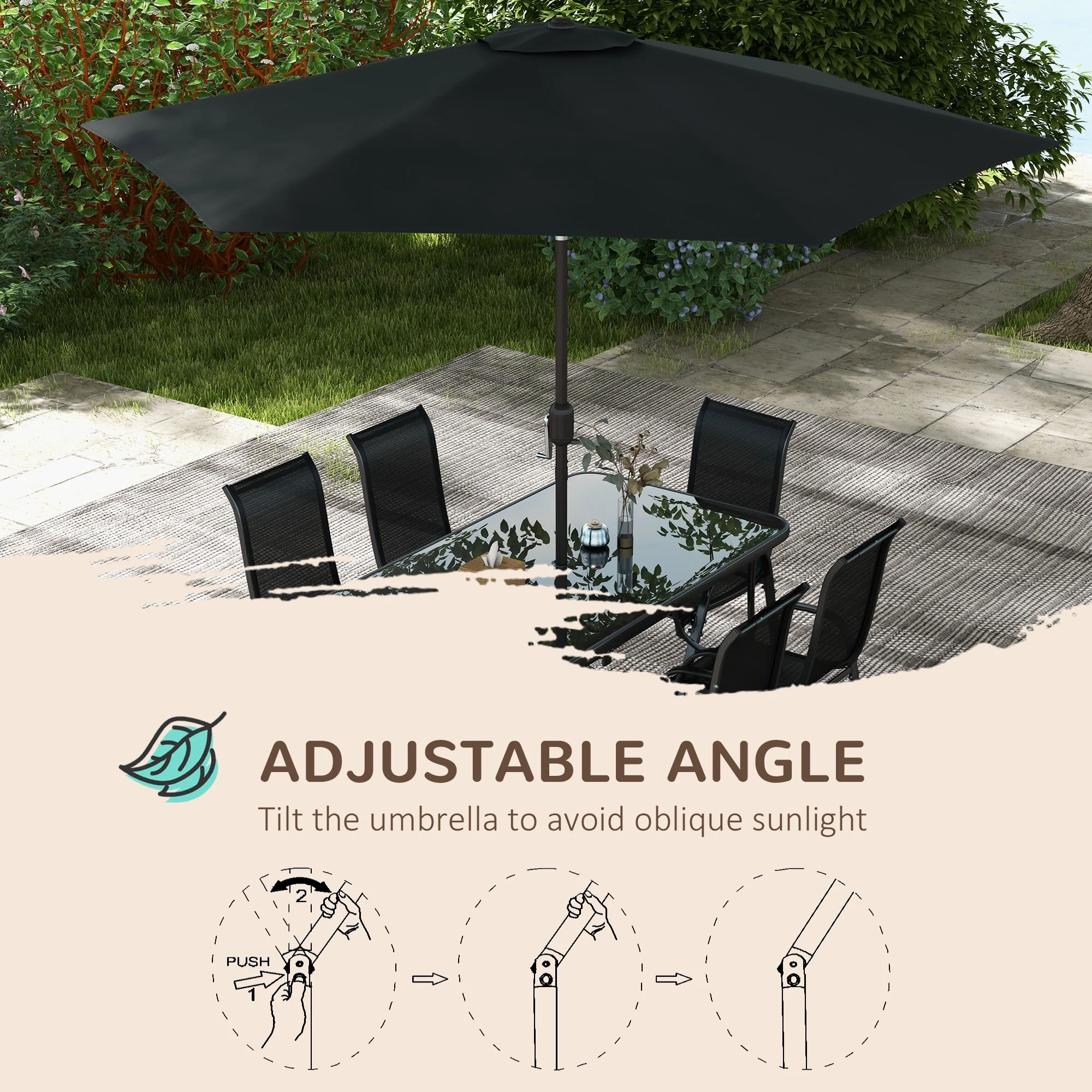 Outsunny Patio Dining Set for Six, Table & Chairs w/ Umbrella, Black
