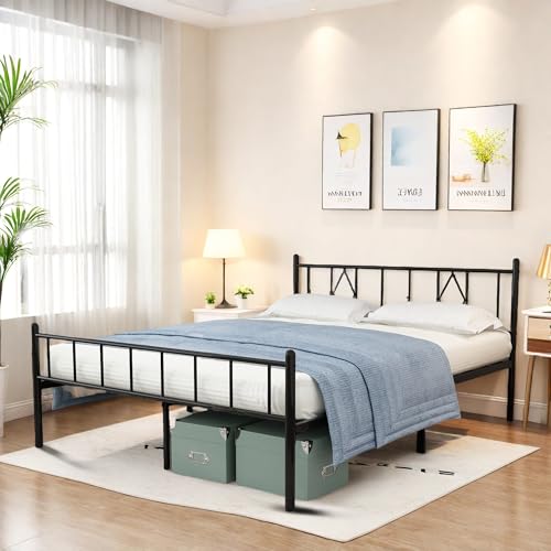 Full Size Bed Frame, 14 Inch Metal Platform Bed with Iron-Art Headboard & Footboard, Classic Bed Frame with Heavy Duty Metal Slats Support