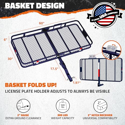 Mockins 60"x30"x6" Navy Folding Cargo Hitch Carrier & 30 CuFt Trailer Hitch Cargo Carrier Bag | 500Lbs Cap Folding Luggage Rack with Waterproof