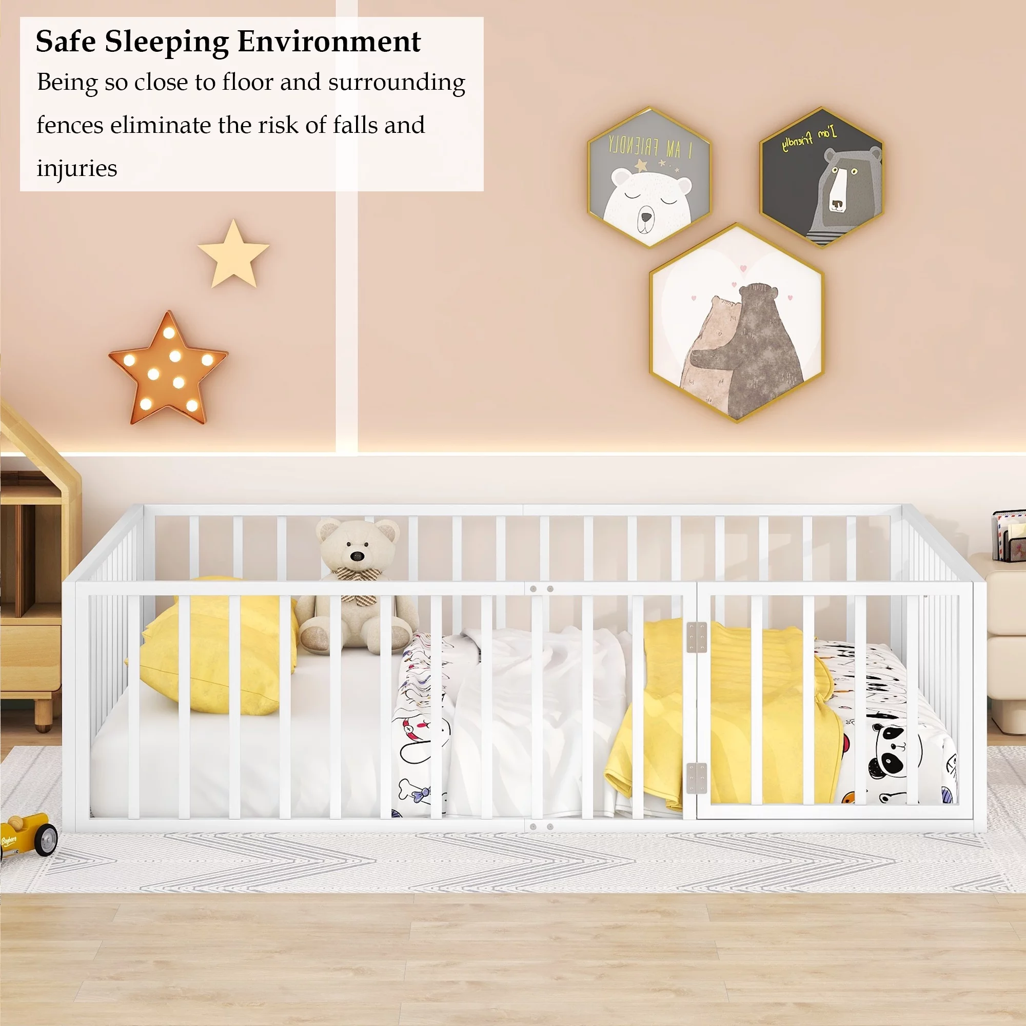 Bellemave Queen Floor Bed with Fence Rails and Lockable Door Queen Metal Floor Bed for Toddler, Child, Boys