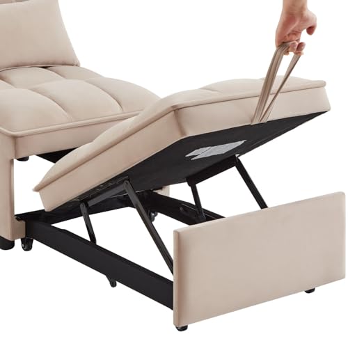 4 in 1 Pull Out Convertible Chair Bed with Adjustable Backrest and Storage Pockets, Modern Velvet Folding Single Sofa for Living Room, Small Space