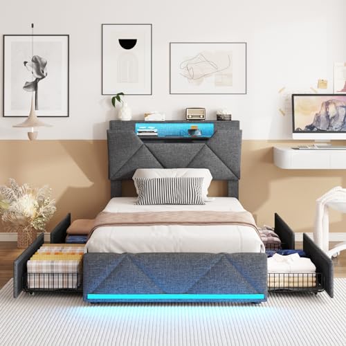 Vabches Queen Bed Frame with Storage Headboard and 4 Drawers,Upholstered Platform with Charging Station and Led Lights,Adjustable Headboard
