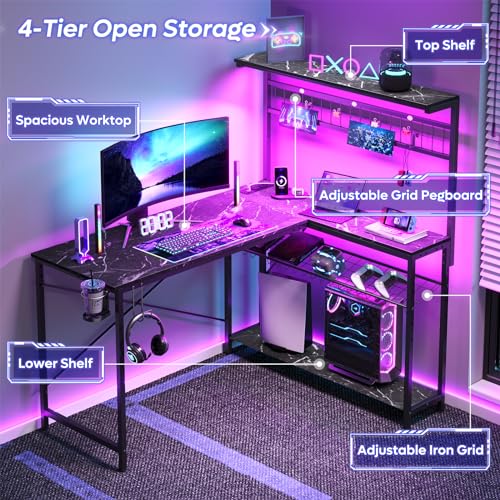 Bestier 42 L Gaming Desk,Computer Desk with Power Outlets, LED Lights, Reversible Corner Desk with 4-Tier Shelves,Cup Holder & Hook Carbon Fiber Black
