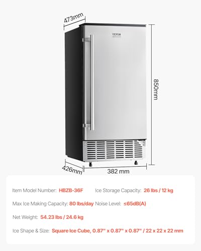 VEVOR Under Counter Ice Maker Machine, Crescent Ice, 25 Lbs/Day Stainless Steel Built in Ice Maker with Reversible Door