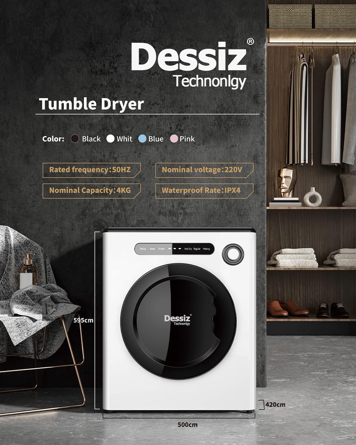 DUOSI Dessiz Portable Dryers, Compact Clothes Dryer, 850W 9lbs Load Capacity, Ideal Portable Drying Machine for Tight Spaces, RVs, and Apartments